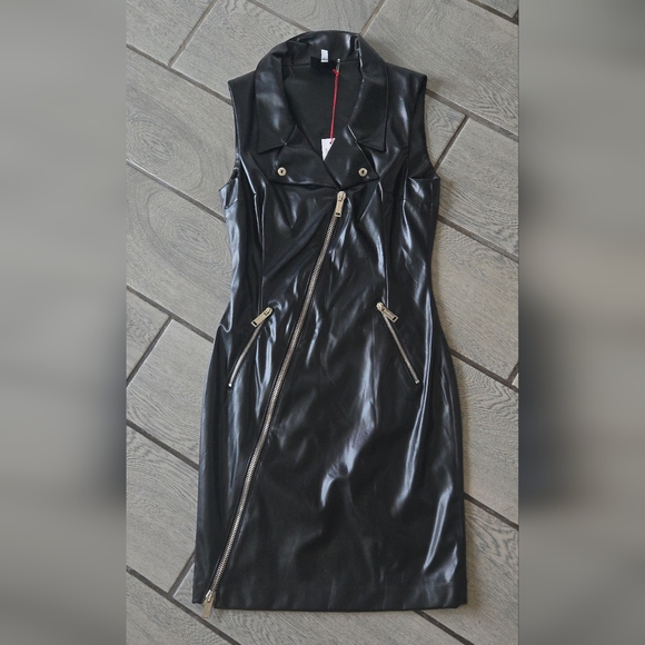 Fiorucci Black Faux Leather Moto Zip Dress Size 42 (US 6/8) NWT P81 - Picture 1 of 12